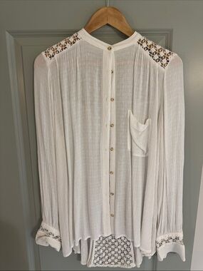 Free People White Lace-Trim Button-Down Top